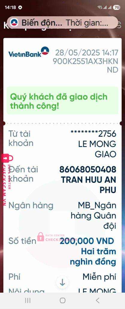 86068050408 Tran Huu An Phu MB bị cảnh báo lừa đảo scam