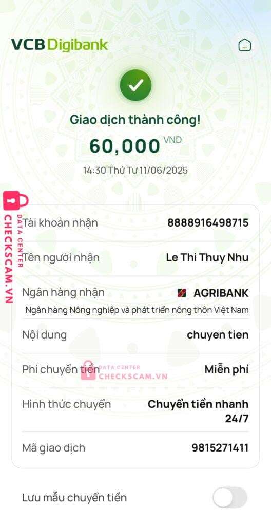8888916498715 Le Thi Thuy Nhu Agribank bị cảnh báo lừa đảo scam