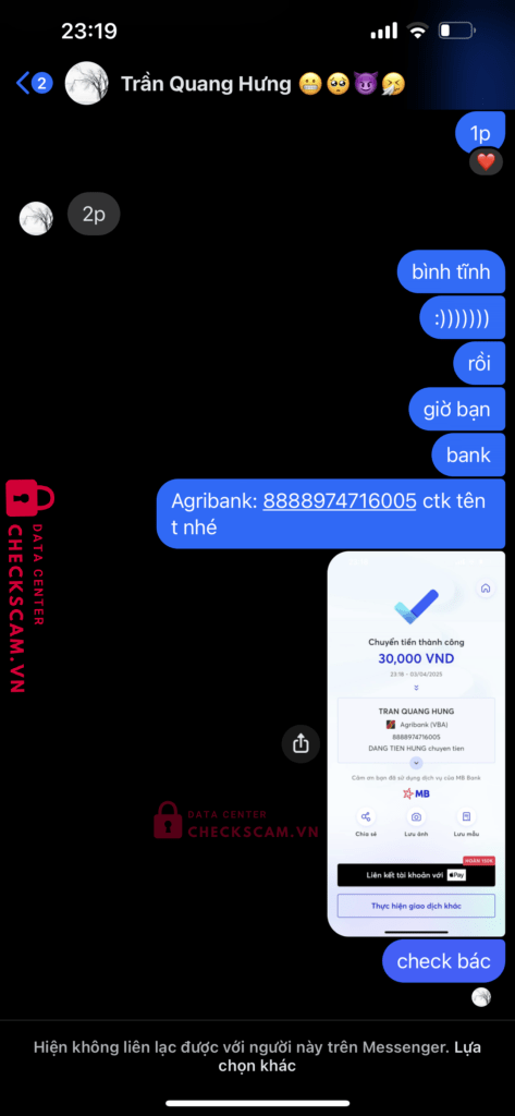 8888974716005 Tran Quang Hung Agribank bị cảnh báo lừa đảo scam