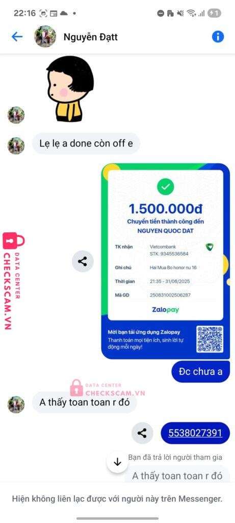 9345536584 Nguyen Quoc Dat VCB bị cảnh báo lừa đảo scam