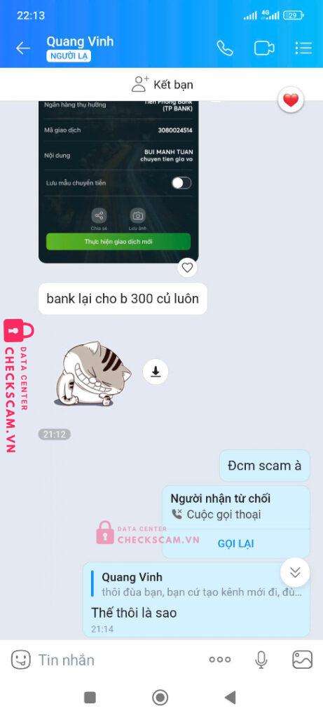0630142608888 Ta Quang Vinh MB bị cảnh báo lừa đảo scam