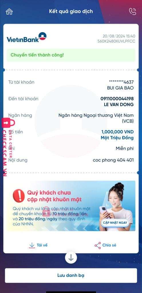 0911000044198 Le Van Dong VCB bị cảnh báo lừa đảo scam