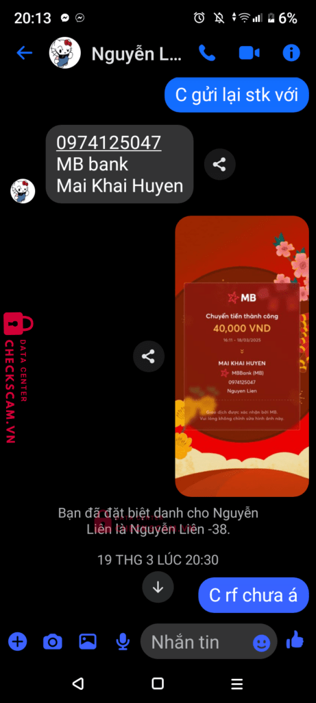 0974125047 Mai Khai Huyen MB bị cảnh báo lừa đảo scam