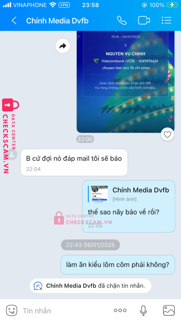 1049976631 Nguyen Vu Chinh VCB bị cảnh báo lừa đảo scam