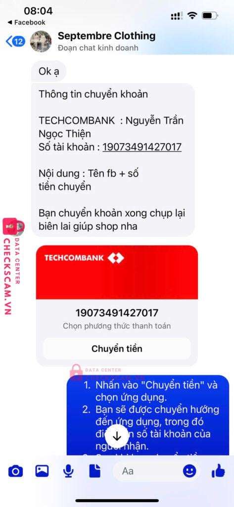 19073491427017 Nguyen Tran Ngoc Thien Techcombank bị cảnh báo lừa đảo scam