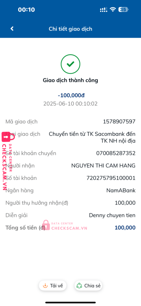 720275795100001 Nguyen Thi Cam Hang Nam Á Bank bị cảnh báo lừa đảo scam