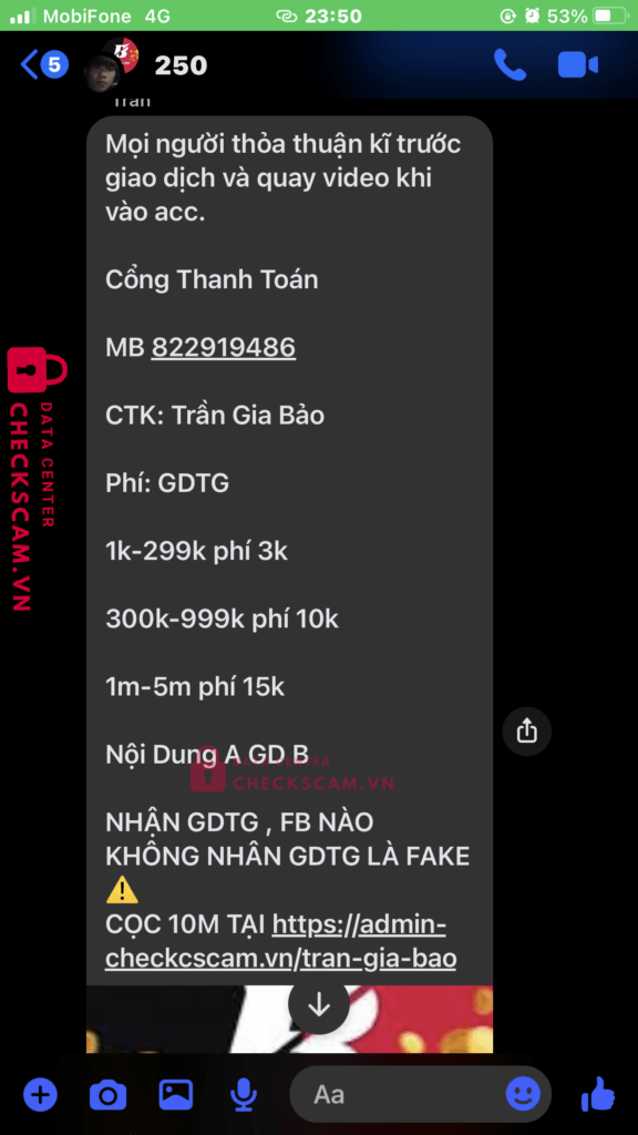822919486 Tran Gia Bao MB bị cảnh báo lừa đảo scam