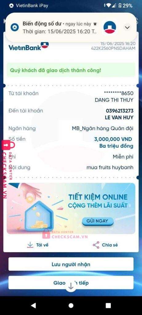 0396213273 Le Van Huy MB bị cảnh báo lừa đảo scam