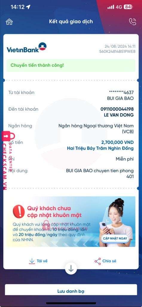 0911000044198 Le Van Dong VCB bị cảnh báo lừa đảo scam
