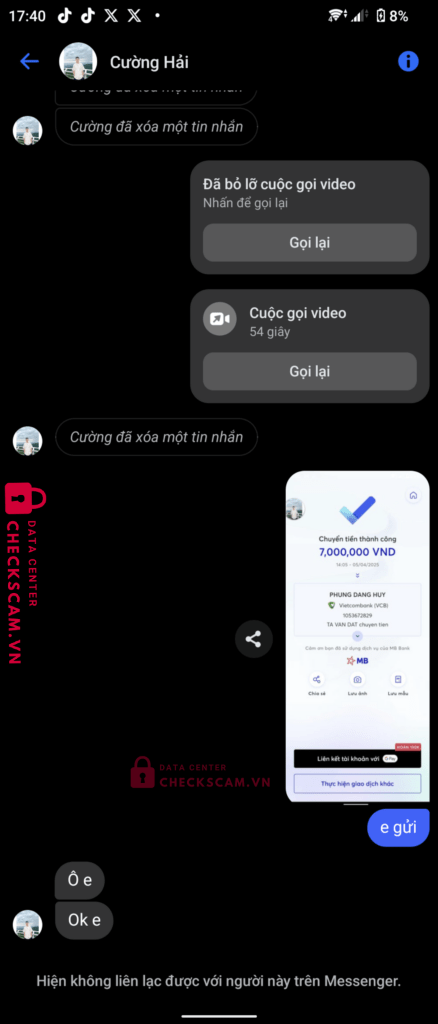 1053672829 Phung Dang Huy VCB bị cảnh báo lừa đảo scam