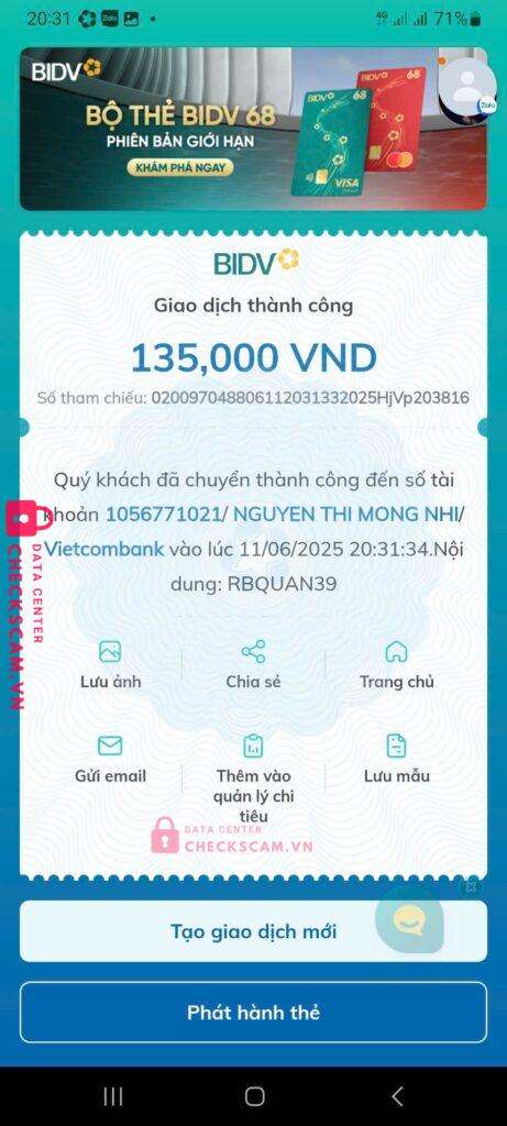 1056771021 Nguyen Thi Mong Nhi VCB bị cảnh báo lừa đảo scam