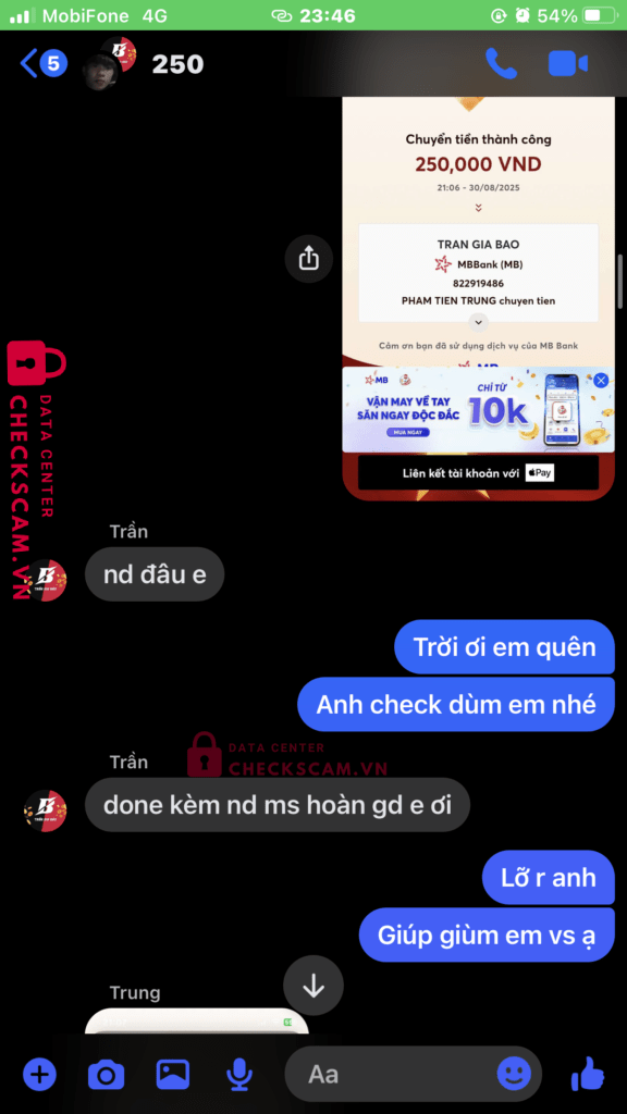 822919486 Tran Gia Bao MB bị cảnh báo lừa đảo scam