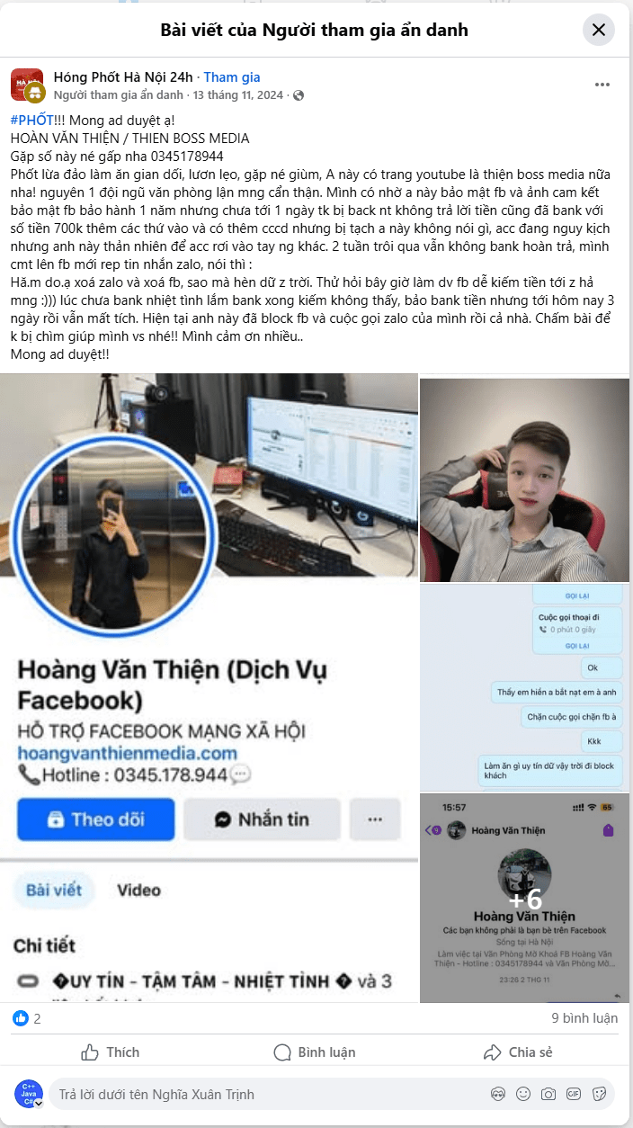 888563999999 Hoang Van Thien Techcombank bị cảnh báo lừa đảo scam