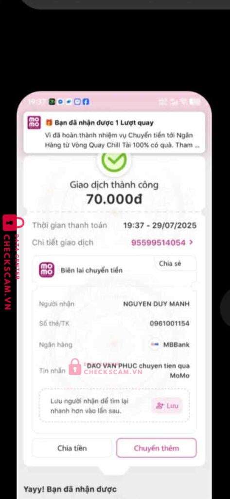 0961001154 Nguyen Duy Manh MB bị cảnh báo lừa đảo scam