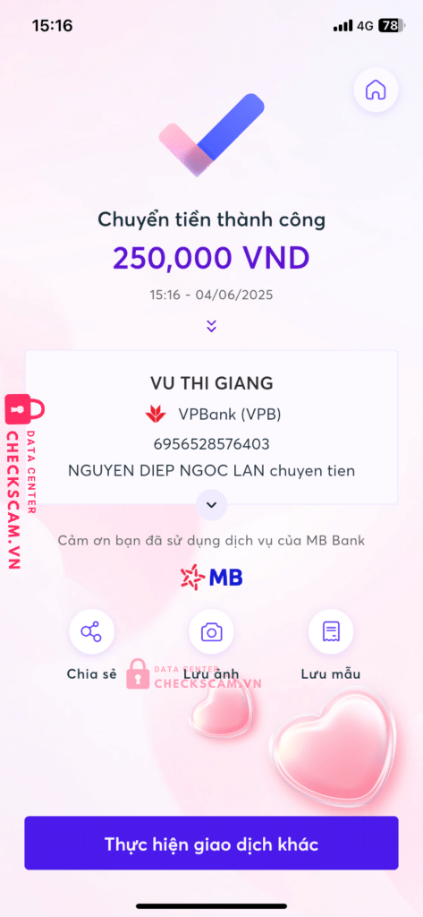 6956528576403 Vu Thi Giang VP BANK bị cảnh báo lừa đảo scam