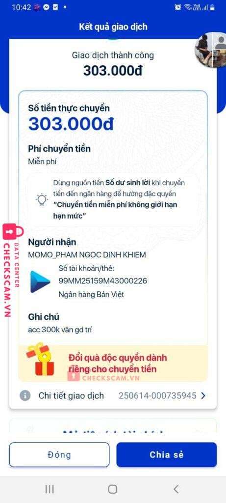 99MM25159M43000226 Pham Ngoc Dinh Khiem BV BANK bị cảnh báo lừa đảo scam