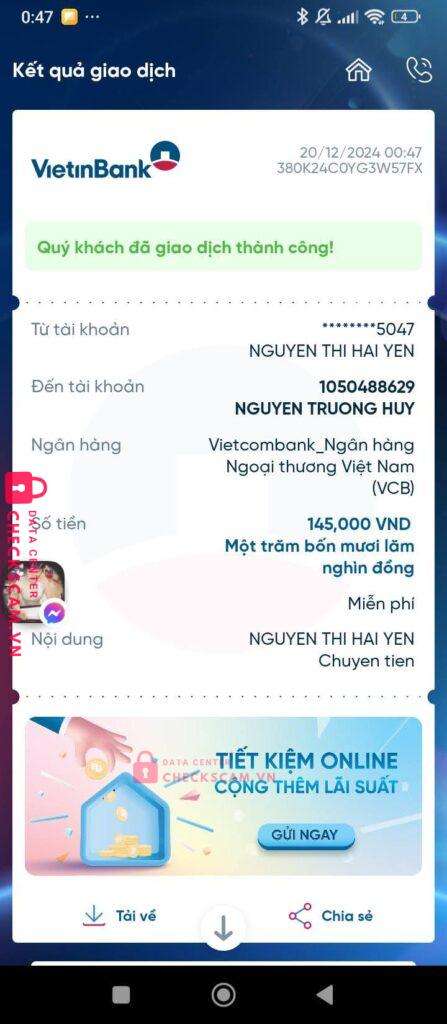 1050488629 Nguyen Truong Huy VCB bị cảnh báo lừa đảo scam
