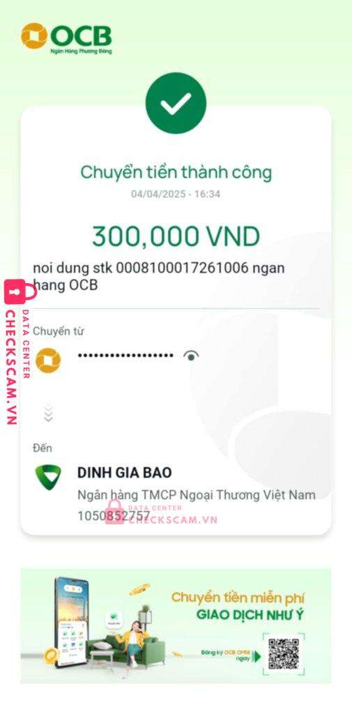 1050852757 Dinh Gia Bao VCB bị cảnh báo lừa đảo scam