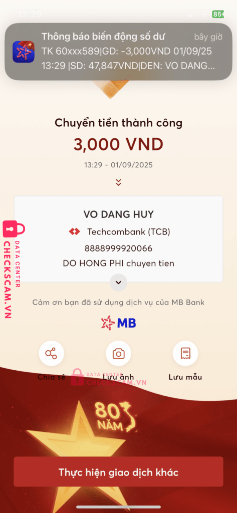 8888999920066 Vo Dang Huy Techcombank bị cảnh báo lừa đảo scam