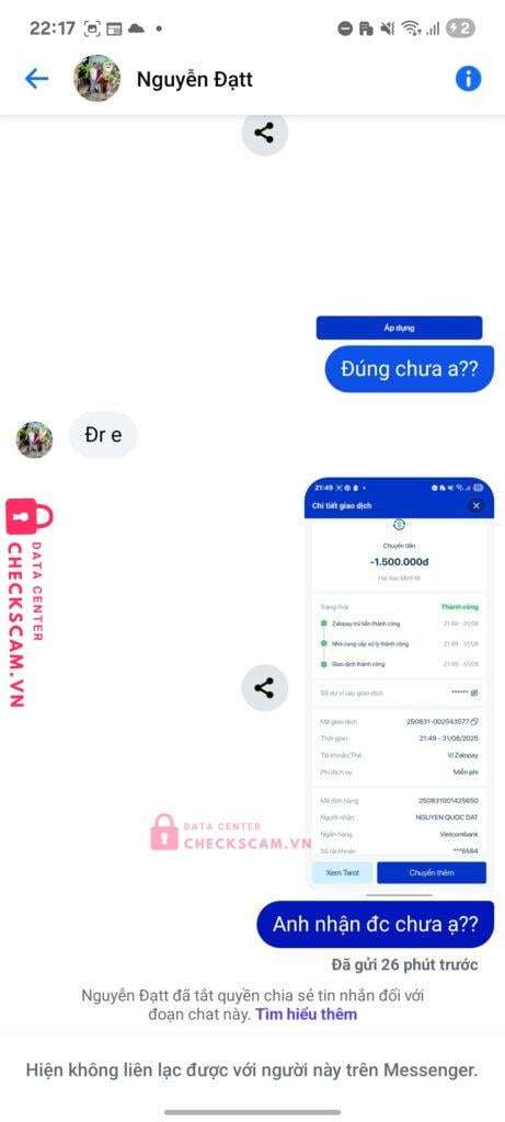 9345536584 Nguyen Quoc Dat VCB bị cảnh báo lừa đảo scam