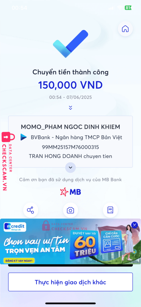 99MM25157M76000315 Pham Ngoc Dinh Khiem BV BANK bị cảnh báo lừa đảo scam