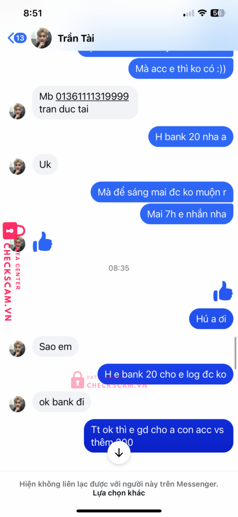 01361111319999 Tran Duc Tai MB bị cảnh báo lừa đảo scam