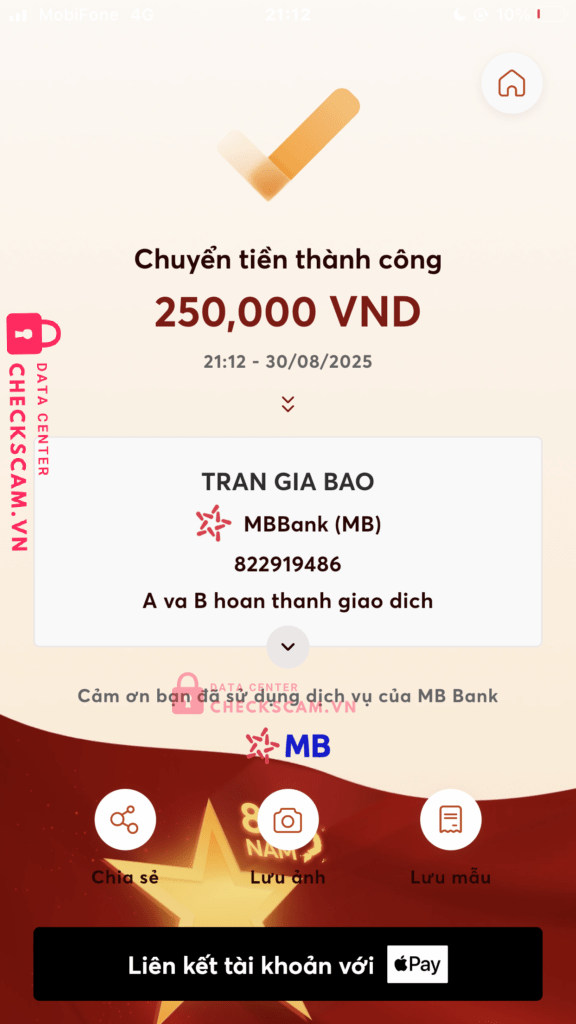 822919486 Tran Gia Bao MB bị cảnh báo lừa đảo scam