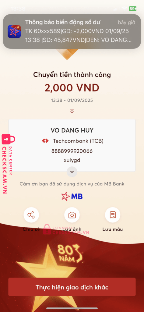 8888999920066 Vo Dang Huy Techcombank bị cảnh báo lừa đảo scam