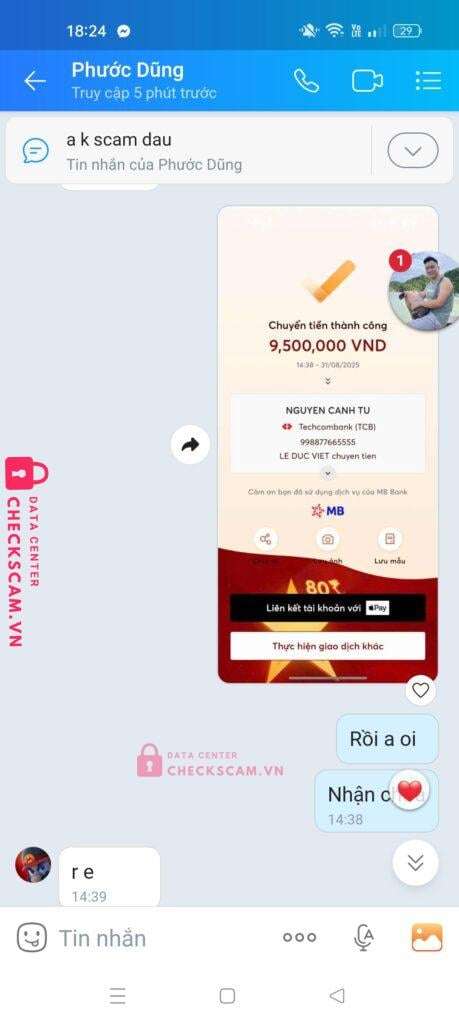 998877665555 Nguyen Canh Tu Techcombank bị cảnh báo lừa đảo scam