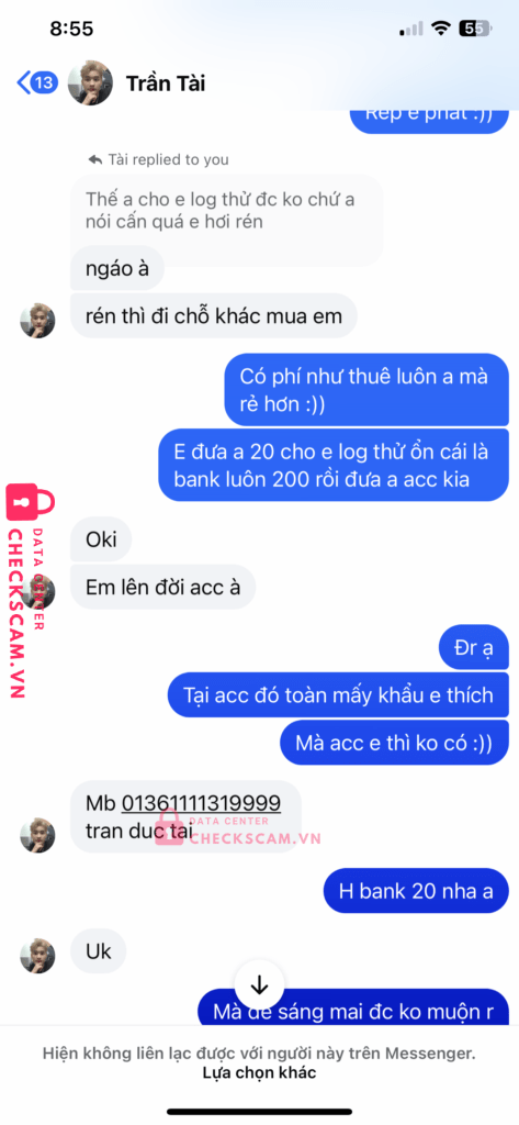 01361111319999 Tran Duc Tai MB bị cảnh báo lừa đảo scam