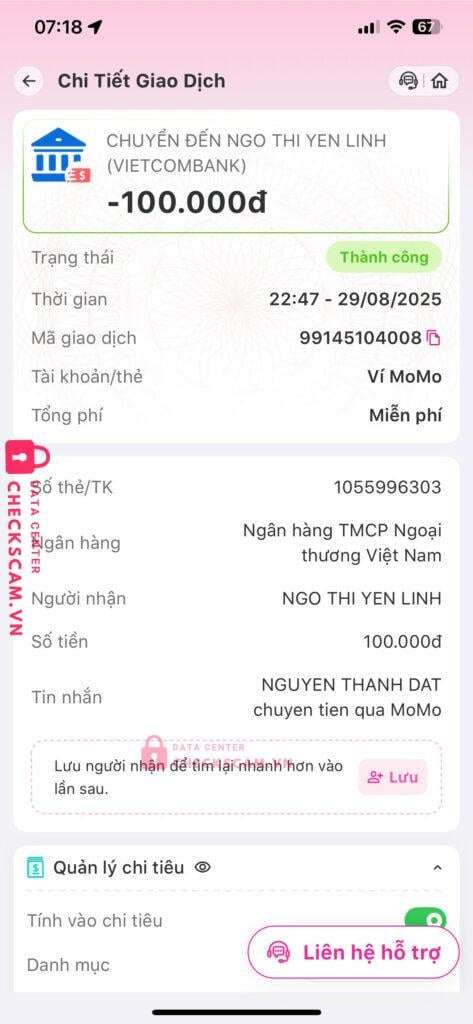 1055996303 Ngo Thi Yen Linh VCB bị cảnh báo lừa đảo scam
