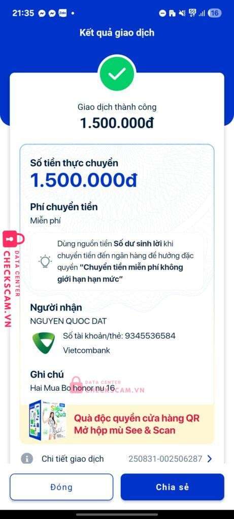 9345536584 Nguyen Quoc Dat VCB bị cảnh báo lừa đảo scam
